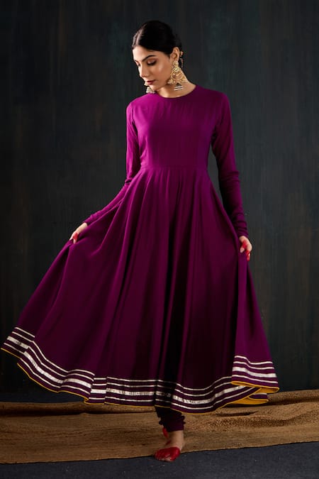Tuli_Purple Cotton, Silk, Chanderi Gota Patti, Leheriya Work Anarkali Churidar Set _at_Aza_Fashions