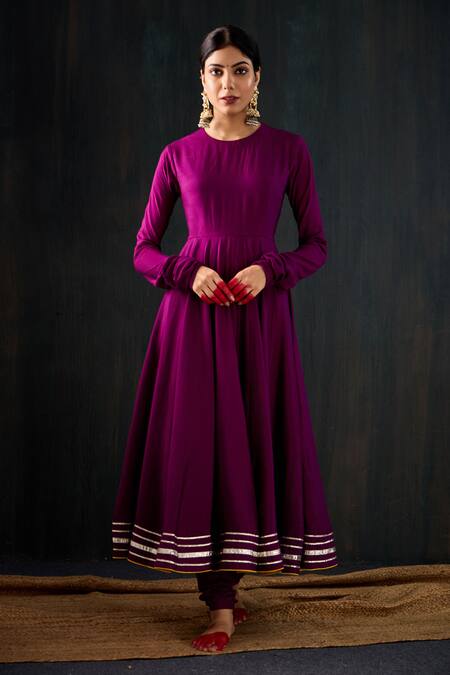Tuli_Purple , Silk, Satin, Chanderi Satrangi Work Anarkali Churidar Set _Online_at_Aza_Fashions