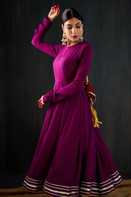 Buy_Tuli_Purple , Silk, Satin, Chanderi Satrangi Work Anarkali Churidar Set _Online_at_Aza_Fashions