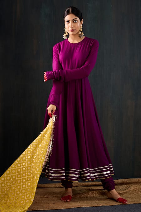 Shop_Tuli_Purple , Silk, Satin, Chanderi Satrangi Work Anarkali Churidar Set _Online_at_Aza_Fashions