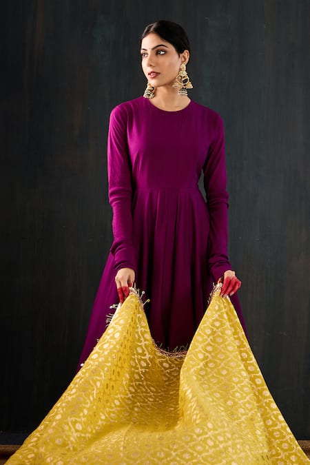 Tuli_Purple , Silk, Satin, Chanderi Satrangi Work Anarkali Churidar Set _at_Aza_Fashions