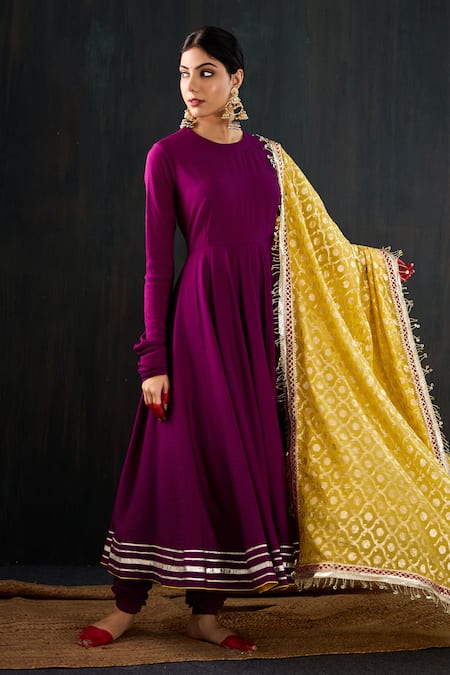 Tuli Purple , Silk, Satin, Chanderi Satrangi Work Anarkali Churidar Set 