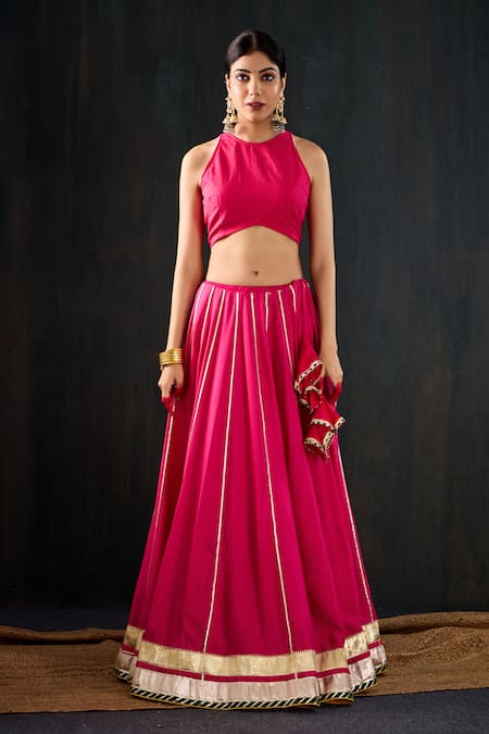 Tuli_Fuchsia Cotton, Silk, Chanderi Gota Patti, Zari, Lace Morani Work Lehenga Set _Online_at_Aza_Fashions