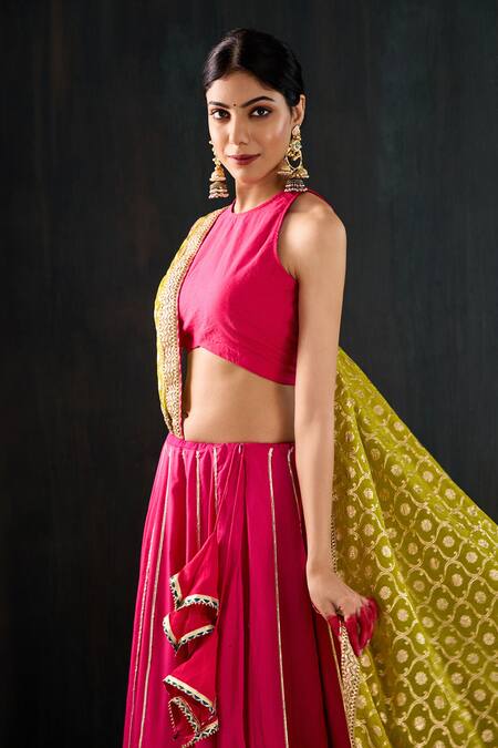 Buy_Tuli_Fuchsia Cotton, Silk, Chanderi Gota Patti, Zari, Lace Morani Work Lehenga Set _Online_at_Aza_Fashions