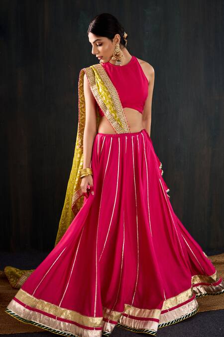 Shop_Tuli_Fuchsia Cotton, Silk, Chanderi Gota Patti, Zari, Lace Morani Work Lehenga Set _Online_at_Aza_Fashions