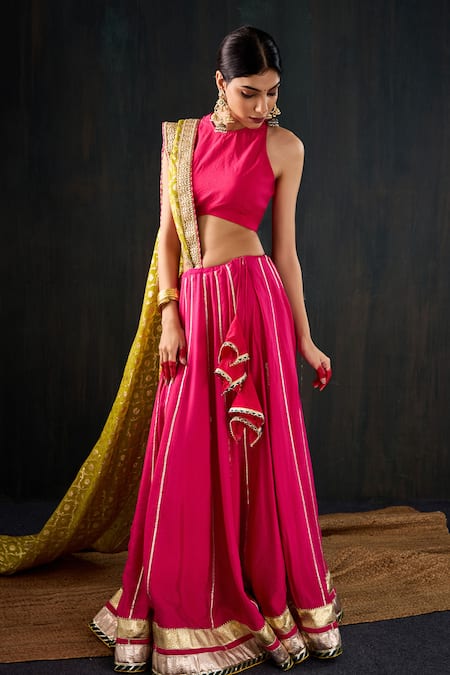 Tuli_Fuchsia Cotton, Silk, Chanderi Gota Patti, Zari, Lace Morani Work Lehenga Set _at_Aza_Fashions