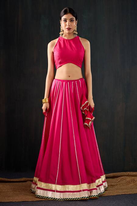 Tuli_Fuchsia Cotton, Silk, Chanderi Gota Patti, Lace, Zari Chamak Work Lehenga Set _Online_at_Aza_Fashions
