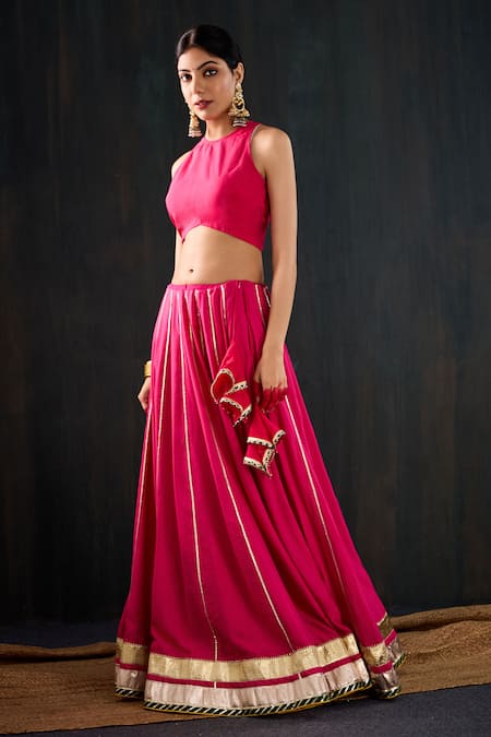 Buy_Tuli_Fuchsia Cotton, Silk, Chanderi Gota Patti, Lace, Zari Chamak Work Lehenga Set _Online_at_Aza_Fashions