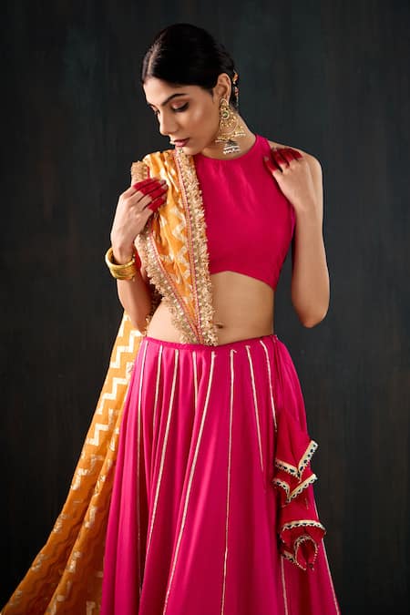 Shop_Tuli_Fuchsia Cotton, Silk, Chanderi Gota Patti, Lace, Zari Chamak Work Lehenga Set _Online_at_Aza_Fashions