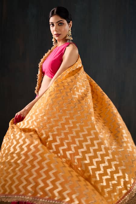 Tuli_Fuchsia Cotton, Silk, Chanderi Gota Patti, Lace, Zari Chamak Work Lehenga Set _at_Aza_Fashions