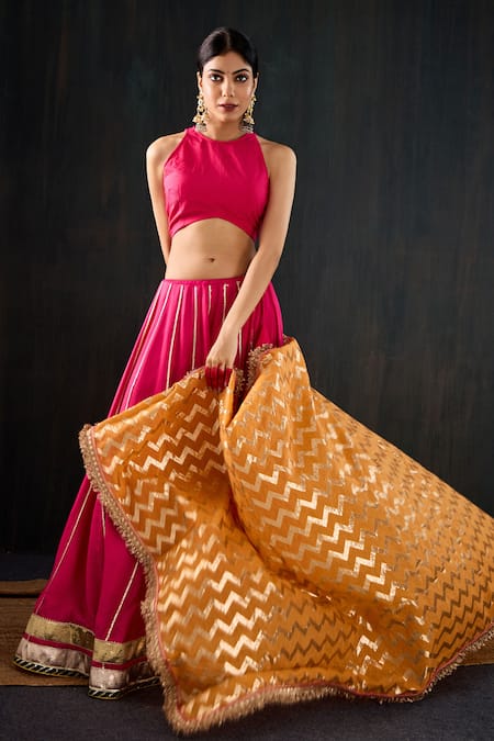 Buy_Tuli_Fuchsia Cotton, Silk, Chanderi Gota Patti, Lace, Zari Chamak Work Lehenga Set 