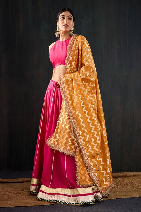 Shop_Tuli_Fuchsia Cotton, Silk, Chanderi Gota Patti, Lace, Zari Chamak Work Lehenga Set 