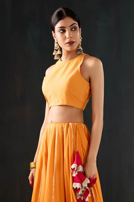 Tuli_Orange Cotton, Silk Zari Round Neck Pankh Striped Lehenga And Halter Blouse Set _Online_at_Aza_Fashions