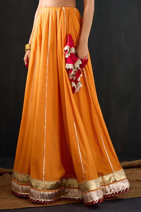 Buy_Tuli_Orange Cotton, Silk Zari Round Neck Pankh Striped Lehenga And Halter Blouse Set _Online_at_Aza_Fashions