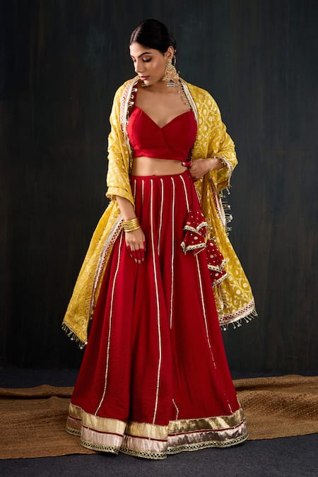 Tuli Red Cotton, Silk, Chanderi Gota Patti, Tassels, Zari Surkhi Work Lehenga Set 