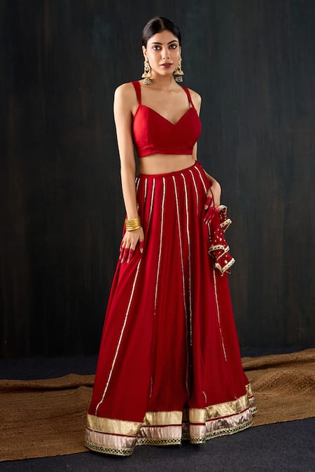 Tuli_Red Cotton, Silk, Chanderi Gota Patti, Tassels, Zari Surkhi Work Lehenga Set _Online_at_Aza_Fashions