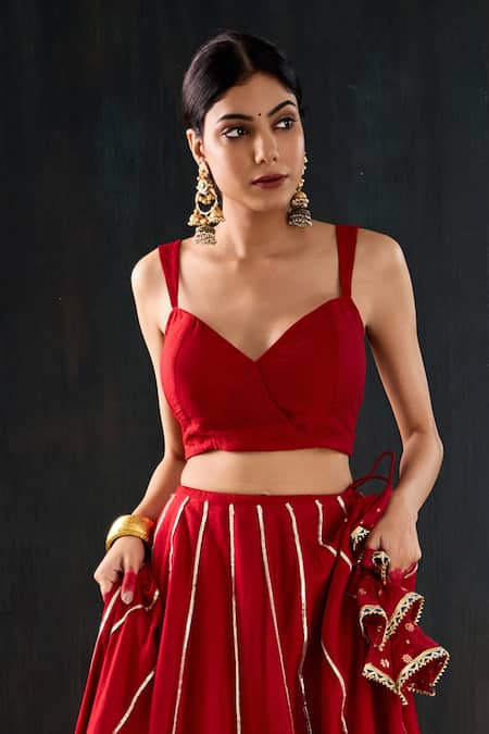 Buy_Tuli_Red Cotton, Silk, Chanderi Gota Patti, Tassels, Zari Surkhi Work Lehenga Set _Online_at_Aza_Fashions