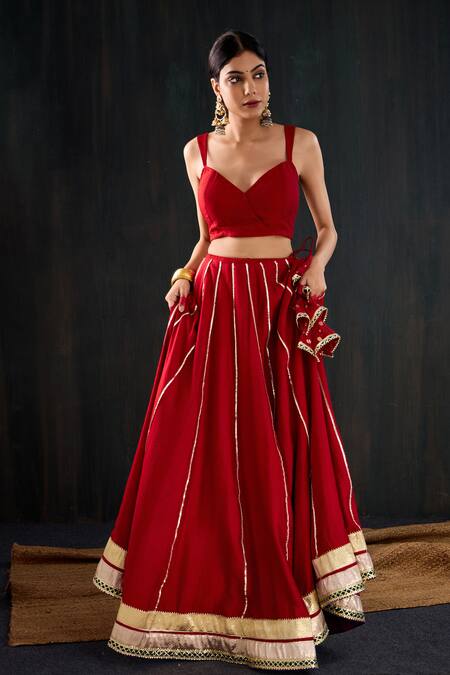 Shop_Tuli_Red Cotton, Silk, Chanderi Gota Patti, Tassels, Zari Surkhi Work Lehenga Set _Online_at_Aza_Fashions