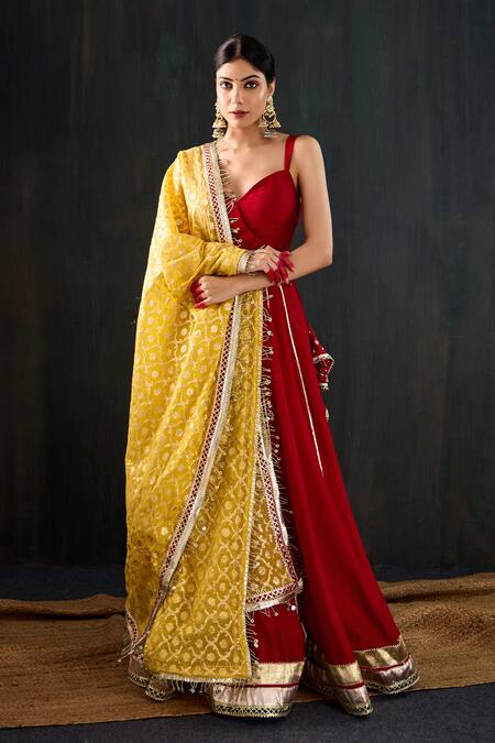 Tuli_Red Cotton, Silk, Chanderi Gota Patti, Tassels, Zari Surkhi Work Lehenga Set _at_Aza_Fashions