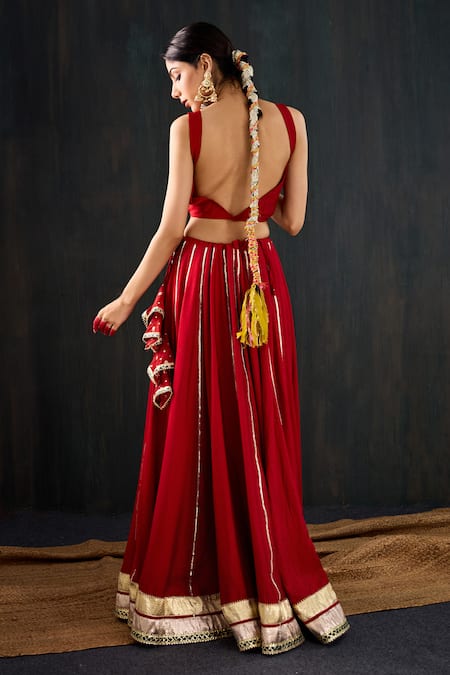 Shop_Tuli_Red Cotton, Silk, Chanderi Gota Patti, Tassels, Zari Surkhi Work Lehenga Set 
