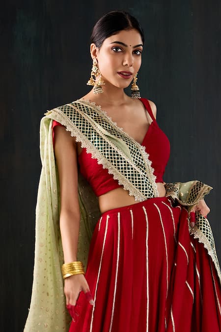 Tuli_Red Silk, Cotton, Chanderi Gota Patti, Lace Sindoori Work Lehenga Set _Online_at_Aza_Fashions