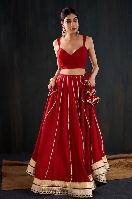 Buy_Tuli_Red Silk, Cotton, Chanderi Gota Patti, Lace Sindoori Work Lehenga Set _Online_at_Aza_Fashions