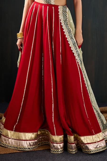 Shop_Tuli_Red Silk, Cotton, Chanderi Gota Patti, Lace Sindoori Work Lehenga Set _Online_at_Aza_Fashions