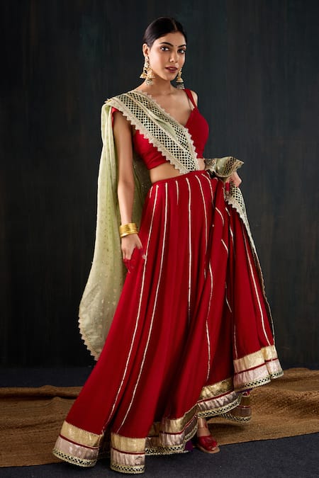Tuli_Red Silk, Cotton, Chanderi Gota Patti, Lace Sindoori Work Lehenga Set _at_Aza_Fashions