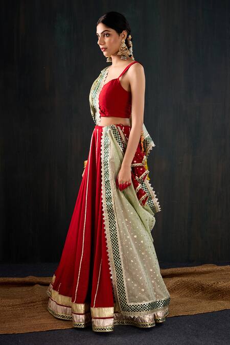 Buy_Tuli_Red Silk, Cotton, Chanderi Gota Patti, Lace Sindoori Work Lehenga Set 
