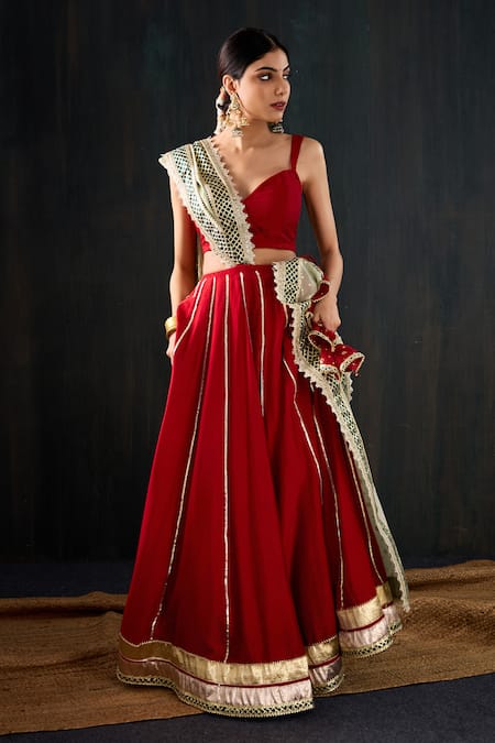 Shop_Tuli_Red Silk, Cotton, Chanderi Gota Patti, Lace Sindoori Work Lehenga Set 