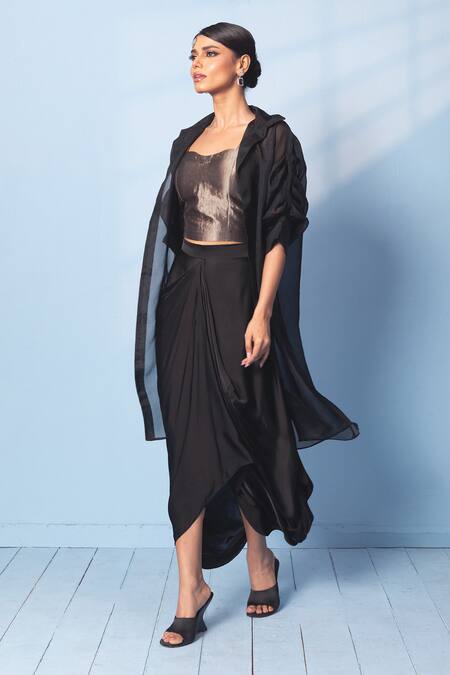 Buy_Vishwa By Pinki Sinha_Gold Silk Sweetheart Neck, Collared Brocade Corset Top, Draped Skirt And Jacket _Online_at_Aza_Fashions