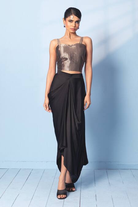 Vishwa By Pinki Sinha_Gold Silk Sweetheart Neck, Collared Brocade Corset Top, Draped Skirt And Jacket _at_Aza_Fashions