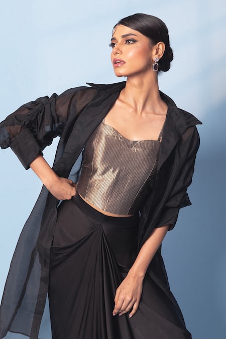 Shop_Vishwa By Pinki Sinha_Gold Silk Sweetheart Neck, Collared Brocade Corset Top, Draped Skirt And Jacket 
