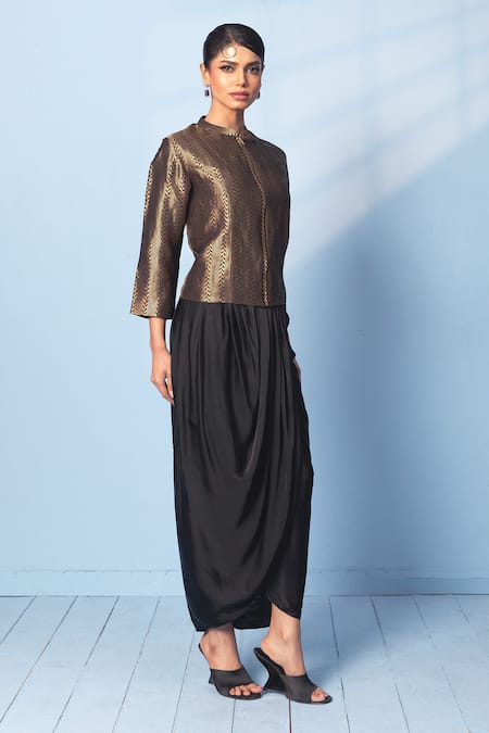 Buy_Vishwa By Pinki Sinha_Black Silk Zari Mandarin Collar Brocade Woven Jacket And Draped Skirt Set _Online_at_Aza_Fashions