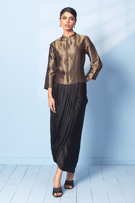 Shop_Vishwa By Pinki Sinha_Black Silk Zari Mandarin Collar Brocade Woven Jacket And Draped Skirt Set _Online_at_Aza_Fashions