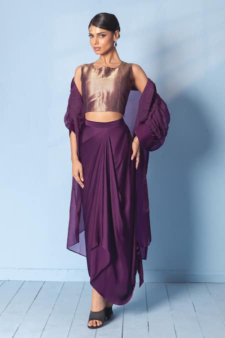 Vishwa By Pinki Sinha Gold Silk Round Neck, Collared Brocade Corset Top, Drape Skirt And Organza Jacket Online at Aza Fashions Vishwa By Pinki Sinha_Gold Silk Round Neck, Collared Brocade Corset Top, Drape Skirt And Organza Jacket _Online_at_Aza_Fashions