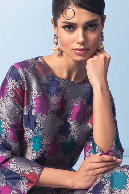 Shop_Vishwa By Pinki Sinha_Blue Brocade, Silk Zari Round Neck Rangkaat Banarsi Woven Kurta And Pant_Online_at_Aza_Fashions