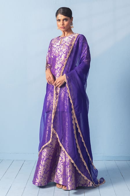 Buy_Vishwa By Pinki Sinha_Purple Silk, Organza Zari, Lace Round Neck Shikargah Banarsi Kurta Sharara Set _Online_at_Aza_Fashions