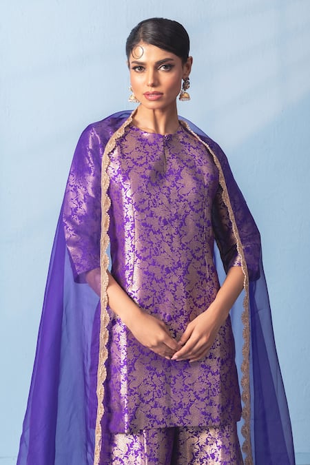 Shop_Vishwa By Pinki Sinha_Purple Silk, Organza Zari, Lace Round Neck Shikargah Banarsi Kurta Sharara Set _Online_at_Aza_Fashions