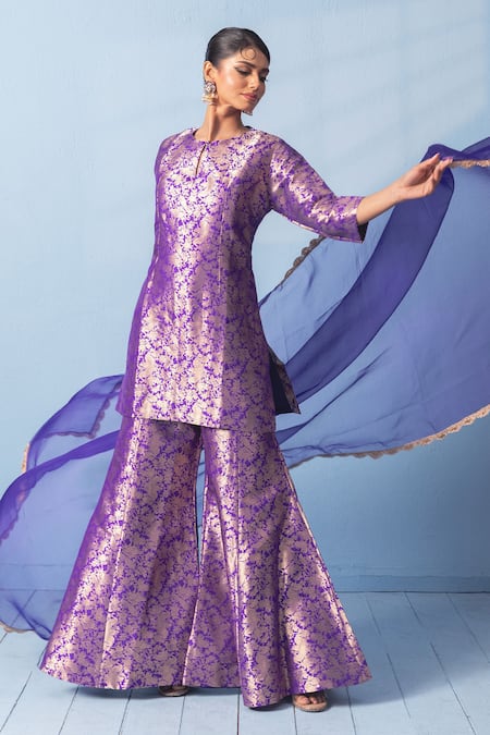 Vishwa By Pinki Sinha_Purple Silk, Organza Zari, Lace Round Neck Shikargah Banarsi Kurta Sharara Set _at_Aza_Fashions