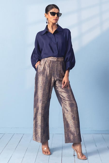 Vishwa By Pinki Sinha Navy Silk Zari Collared Shirt And Brocade Pant Set 