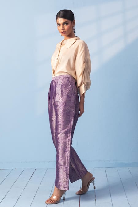 Vishwa By Pinki Sinha_Beige Silk Zari Collared Shirt And Brocade Woven Pant Set _Online_at_Aza_Fashions