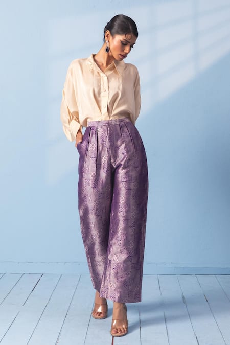 Buy_Vishwa By Pinki Sinha_Beige Silk Zari Collared Shirt And Brocade Woven Pant Set _Online_at_Aza_Fashions