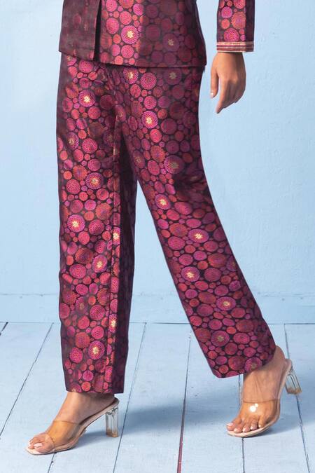 Buy_Vishwa By Pinki Sinha_Purple Brocade, Silk Tanchoi Woven Banarsi Coat And Pant Set _Online_at_Aza_Fashions