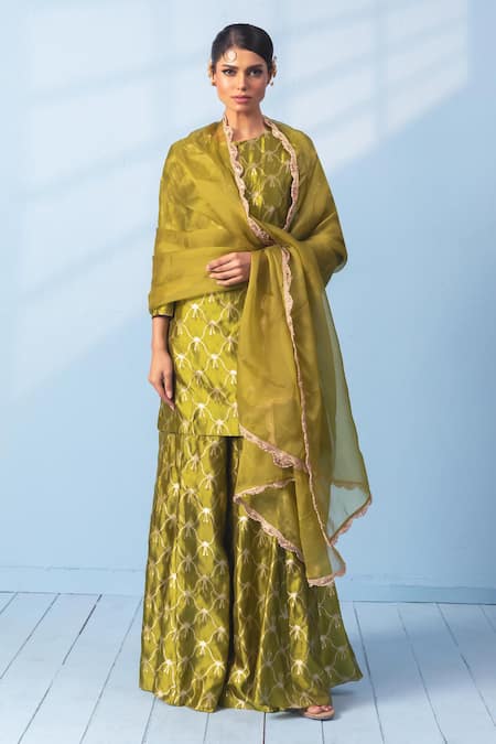 Buy_Vishwa By Pinki Sinha_Green Silk, Organza Zari, Lace Round Neck Banarasi Kurta And Sharara Set _Online_at_Aza_Fashions