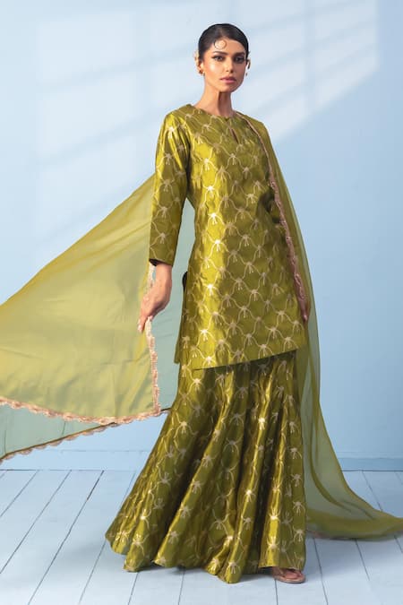 Shop_Vishwa By Pinki Sinha_Green Silk, Organza Zari, Lace Round Neck Banarasi Kurta And Sharara Set _Online_at_Aza_Fashions