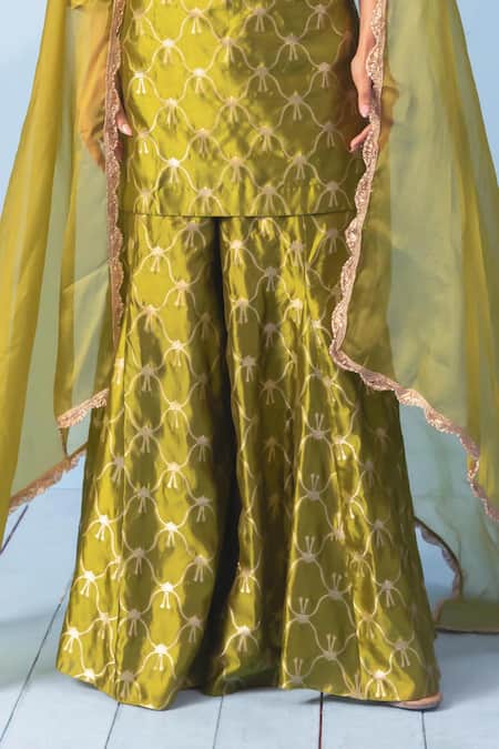 Vishwa By Pinki Sinha_Green Silk, Organza Zari, Lace Round Neck Banarasi Kurta And Sharara Set _at_Aza_Fashions