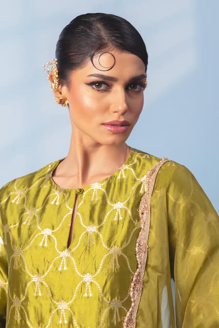 Shop_Vishwa By Pinki Sinha_Green Silk, Organza Zari, Lace Round Neck Banarasi Kurta And Sharara Set 