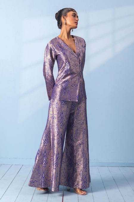 Vishwa By Pinki Sinha_Blue Silk Zari Brocade Blazer And Gharara Pant Set _Online_at_Aza_Fashions