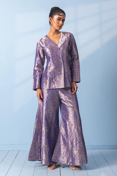 Buy_Vishwa By Pinki Sinha_Blue Silk Zari Brocade Blazer And Gharara Pant Set _Online_at_Aza_Fashions